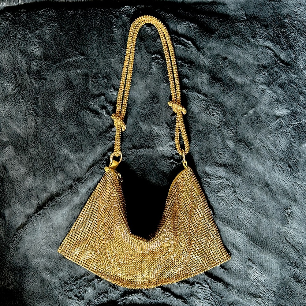 Gold Rhinestone Glitter Sparkly Knotted Shoulder Handbag Purse Evening Bag